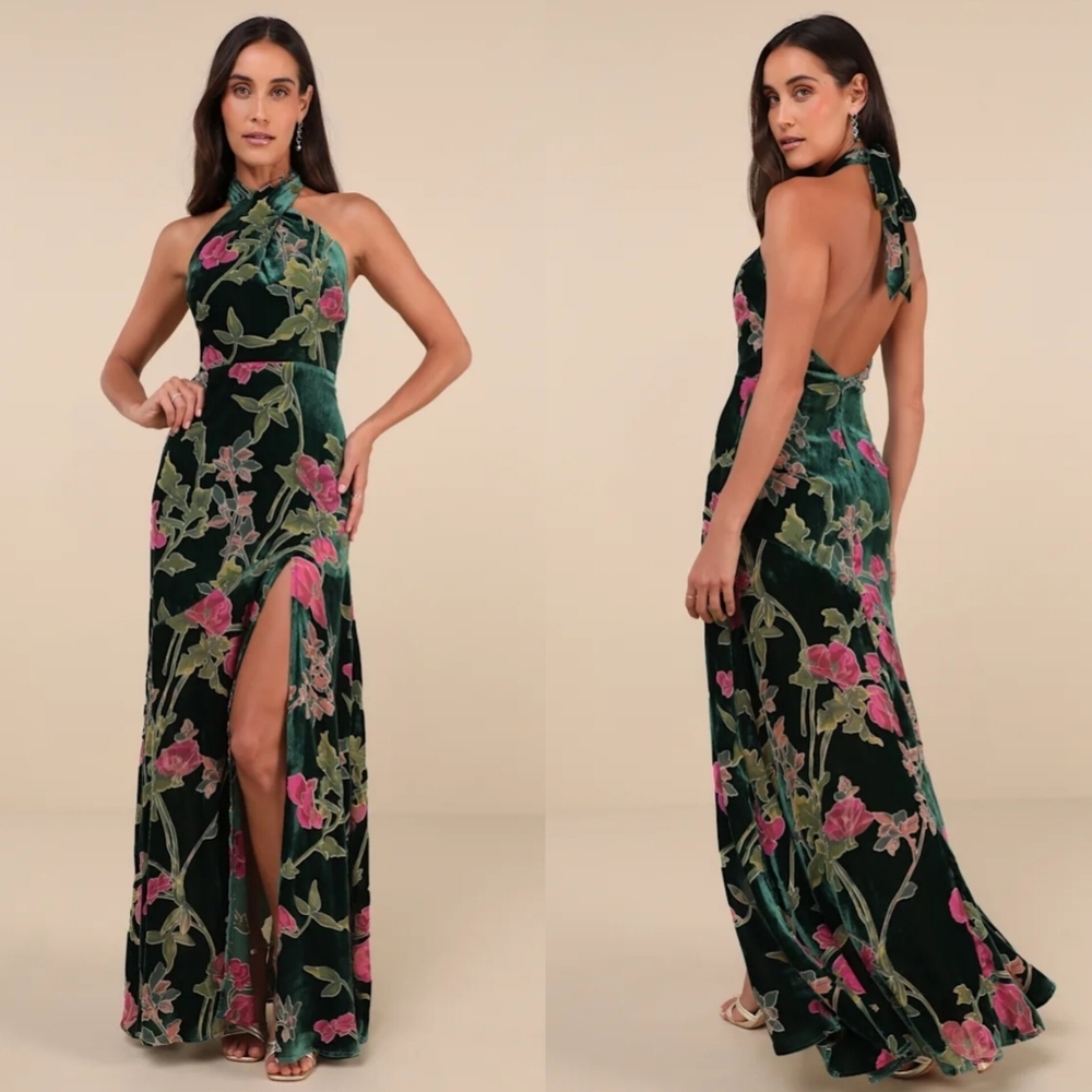 Lulus Flawlessly Gorgeous Green Burnout Floral Halter Maxi Dress S Wedding Party
